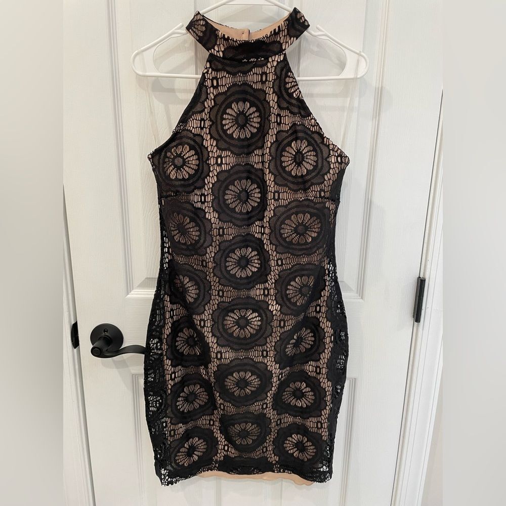 Just Fab Black Lace Naked Look Tan Lined Bodycon Halter Dress Women’s Size XL